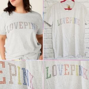 PINK Victoria's Secret Logo Rhinestone Bling Rainbow Gray Tee Shirt Top New